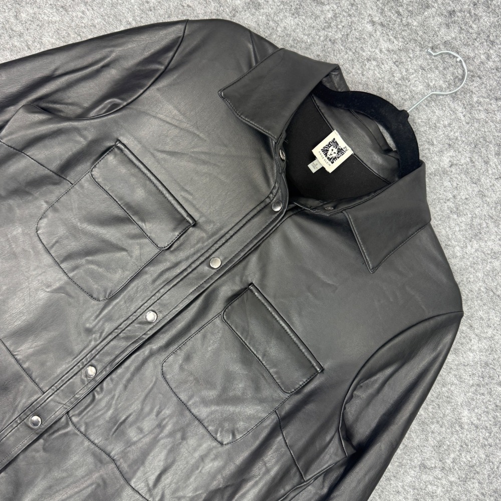Anne Klein Womens Black Faux Leather Button Down Shacket‎ Shirt Jacket Small